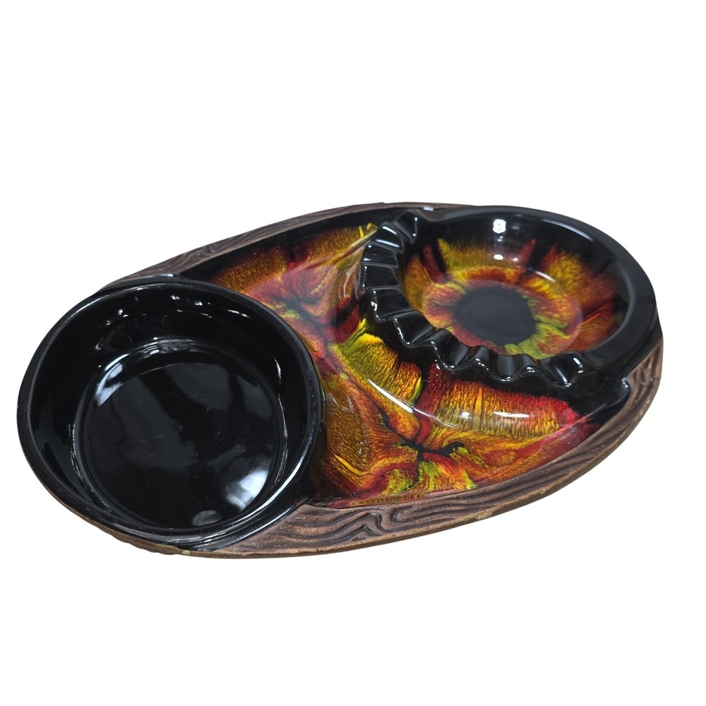 Vintage MCM Lava Glaze Ceramic Car Ashtray 1505 USA Brown‎ Orange Dish Retro